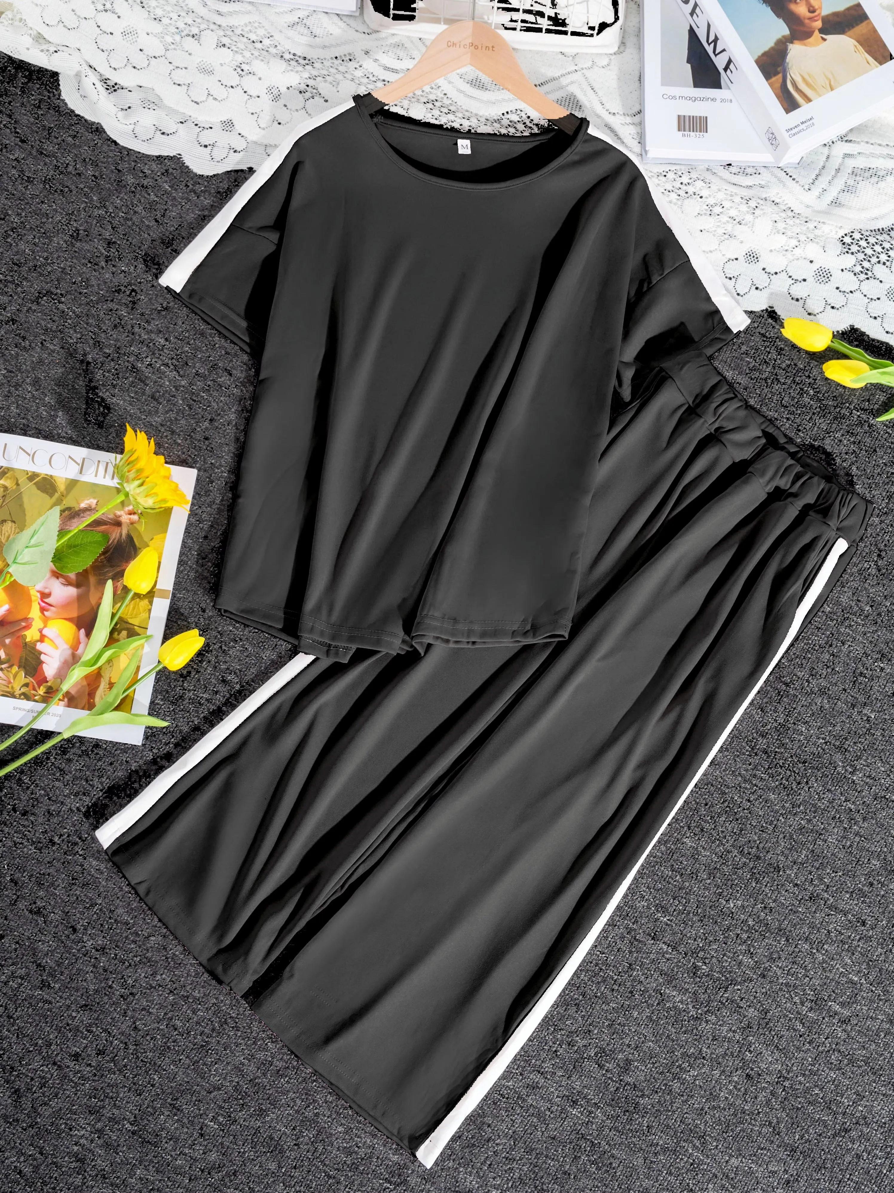 2 Pcs Women's Short Sleeve Colorblock/ Stitching Color T-shirt Sets XXL 444148