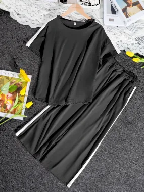 2 Pcs Women's Short Sleeve Colorblock/ Stitching Color T-shirt Sets XXL 444148