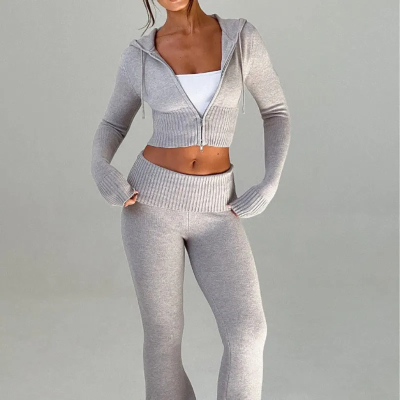 2025 HULIANFU popular autumn and winter new  New solid color slim-fit short hooded top casual pants set two-piece set women