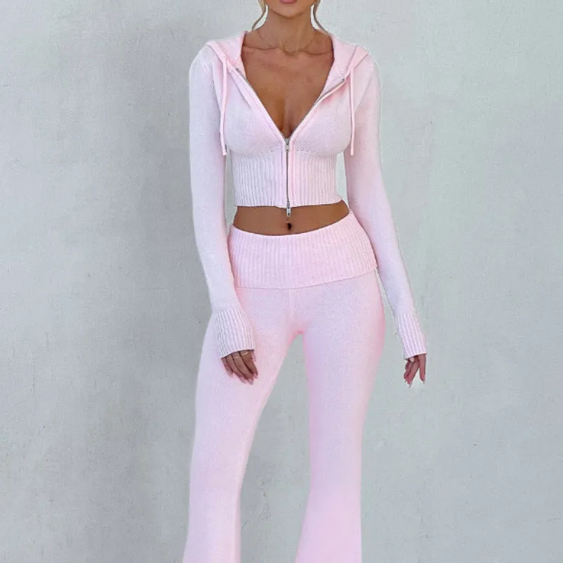 2025 HULIANFU popular autumn and winter new  New solid color slim-fit short hooded top casual pants set two-piece set women