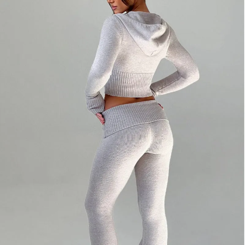 2025 HULIANFU popular autumn and winter new  New solid color slim-fit short hooded top casual pants set two-piece set women