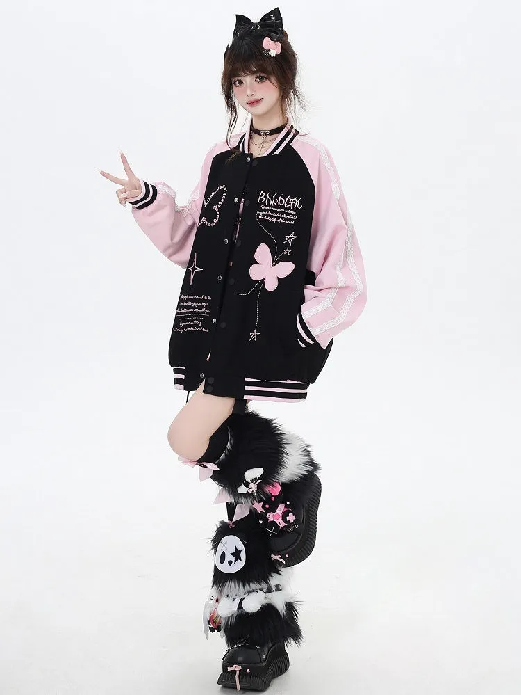 Black and Pink Colorblock Design Butterfly Baseball Jacket