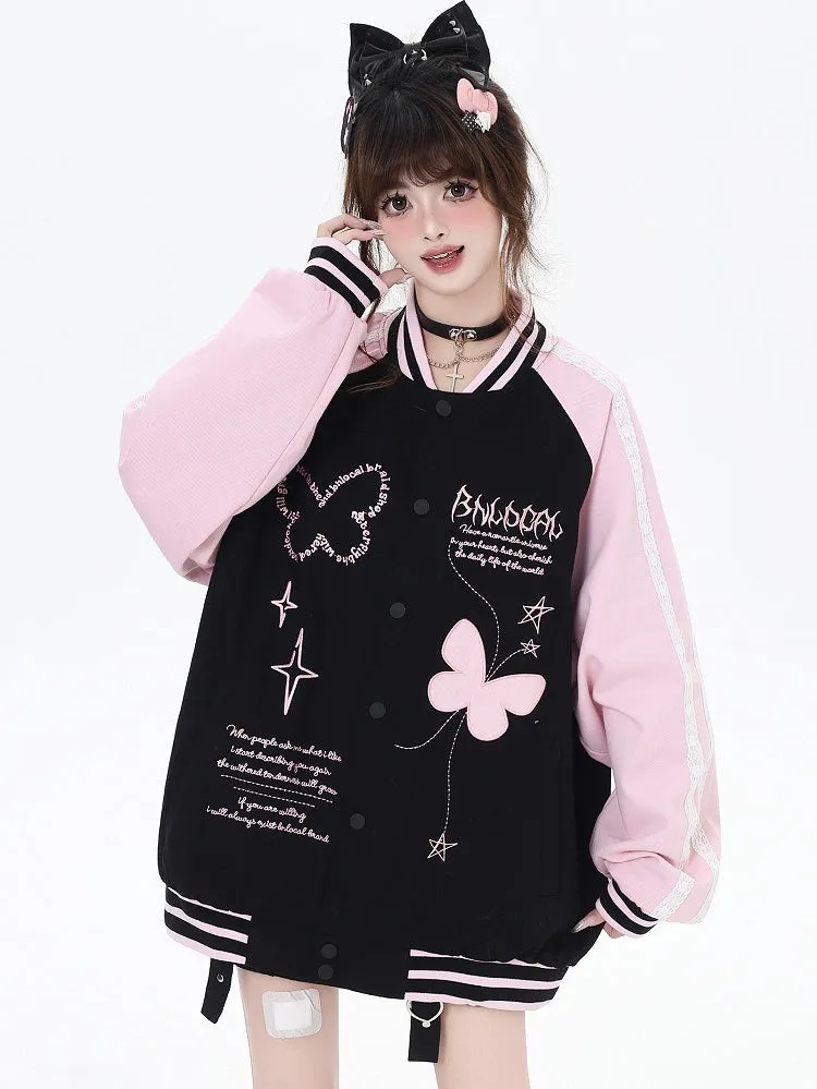 Black and Pink Colorblock Design Butterfly Baseball Jacket