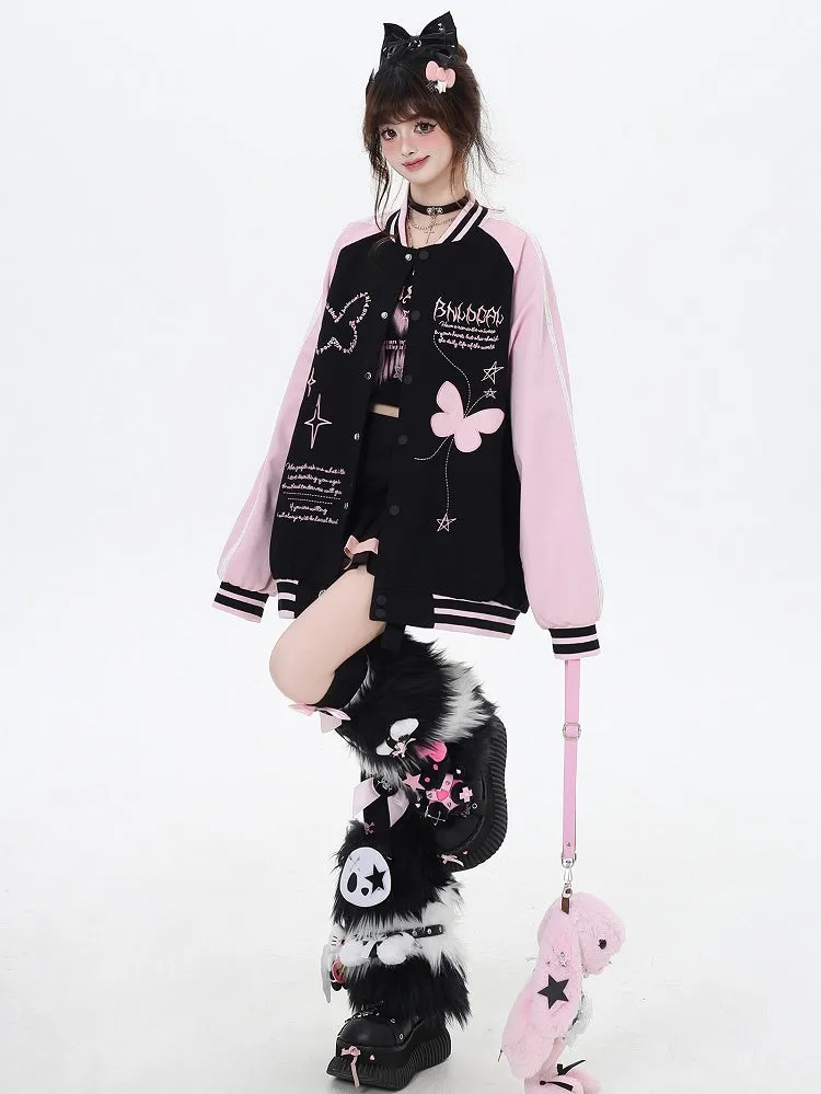 Black and Pink Colorblock Design Butterfly Baseball Jacket