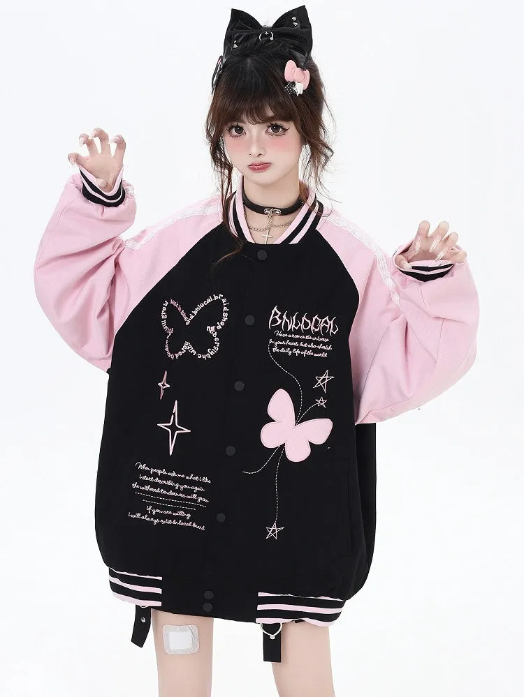 Black and Pink Colorblock Design Butterfly Baseball Jacket