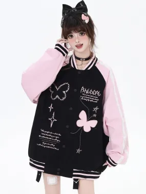Black and Pink Colorblock Design Butterfly Baseball Jacket