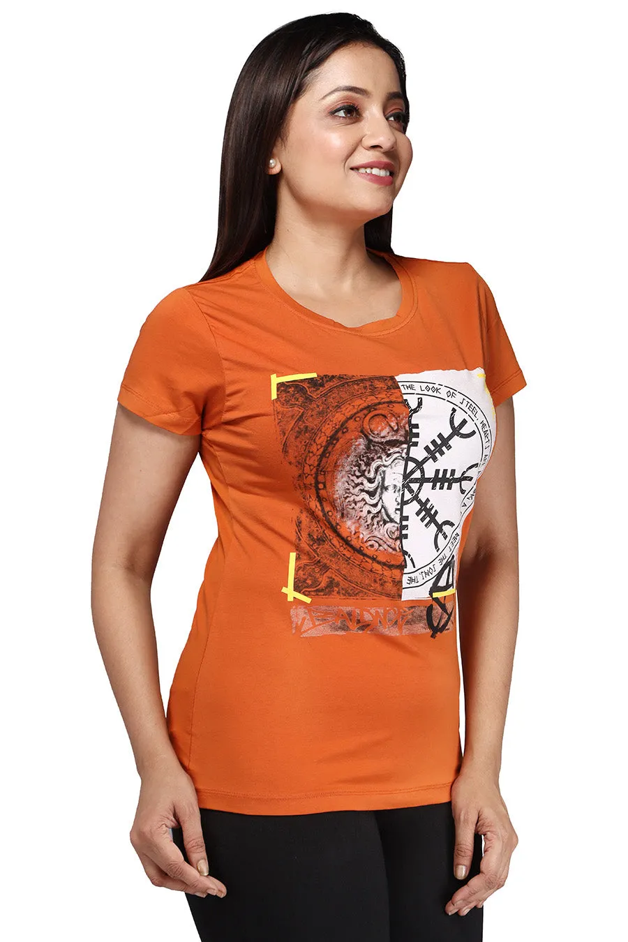 Comfort Lady Chest Print Half Sleeve Cotton Round Neck T-Shirt