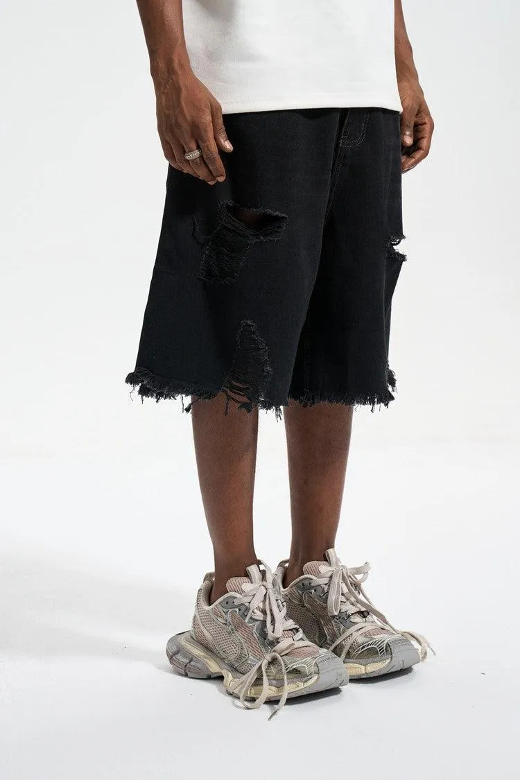 Damaged Three Bar Denim Shorts