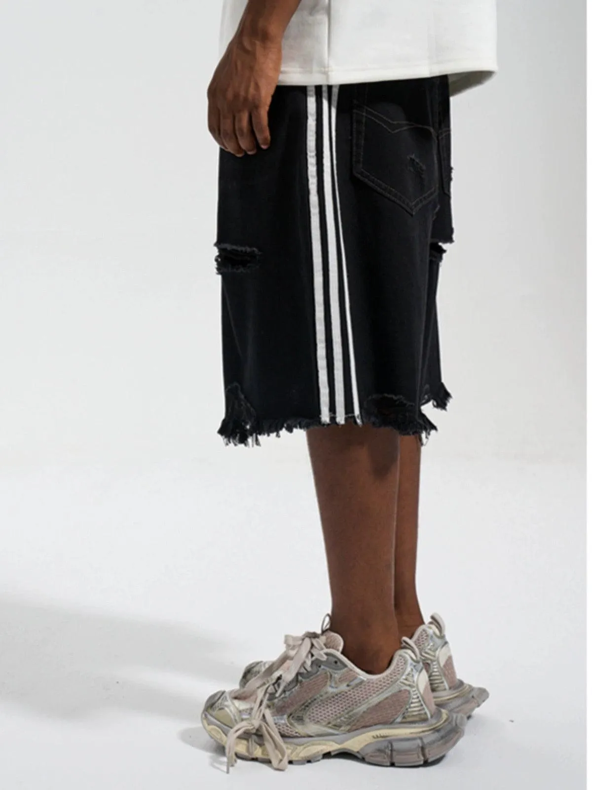Damaged Three Bar Denim Shorts