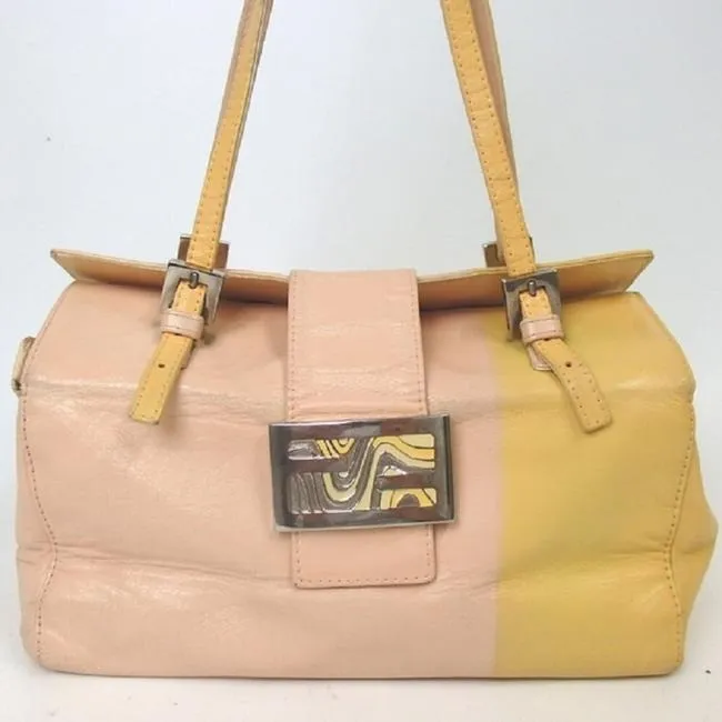 Fendi Ltd Ed Color Block Structured Lunchbox Purse Pinkyellow Lthrenamel Ff Leather Satchel