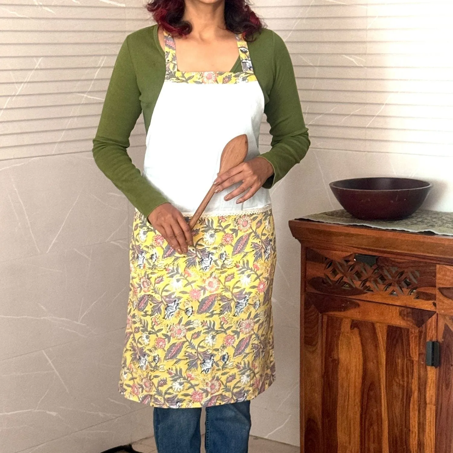 Floral Bliss Adjustable Neck Apron with Front Pockets | Block-Printed | Cotton