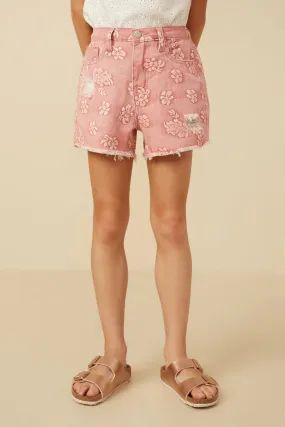 Girls Floral Printed Distressed Denim Shorts
