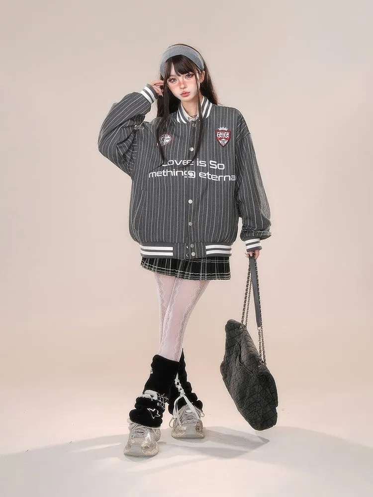 Gray White Stripe Embroidery Baseball Jacket