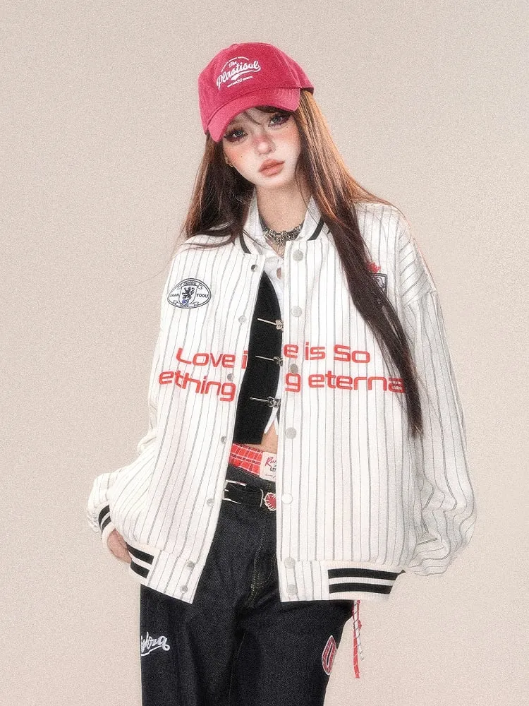 Gray White Stripe Embroidery Baseball Jacket