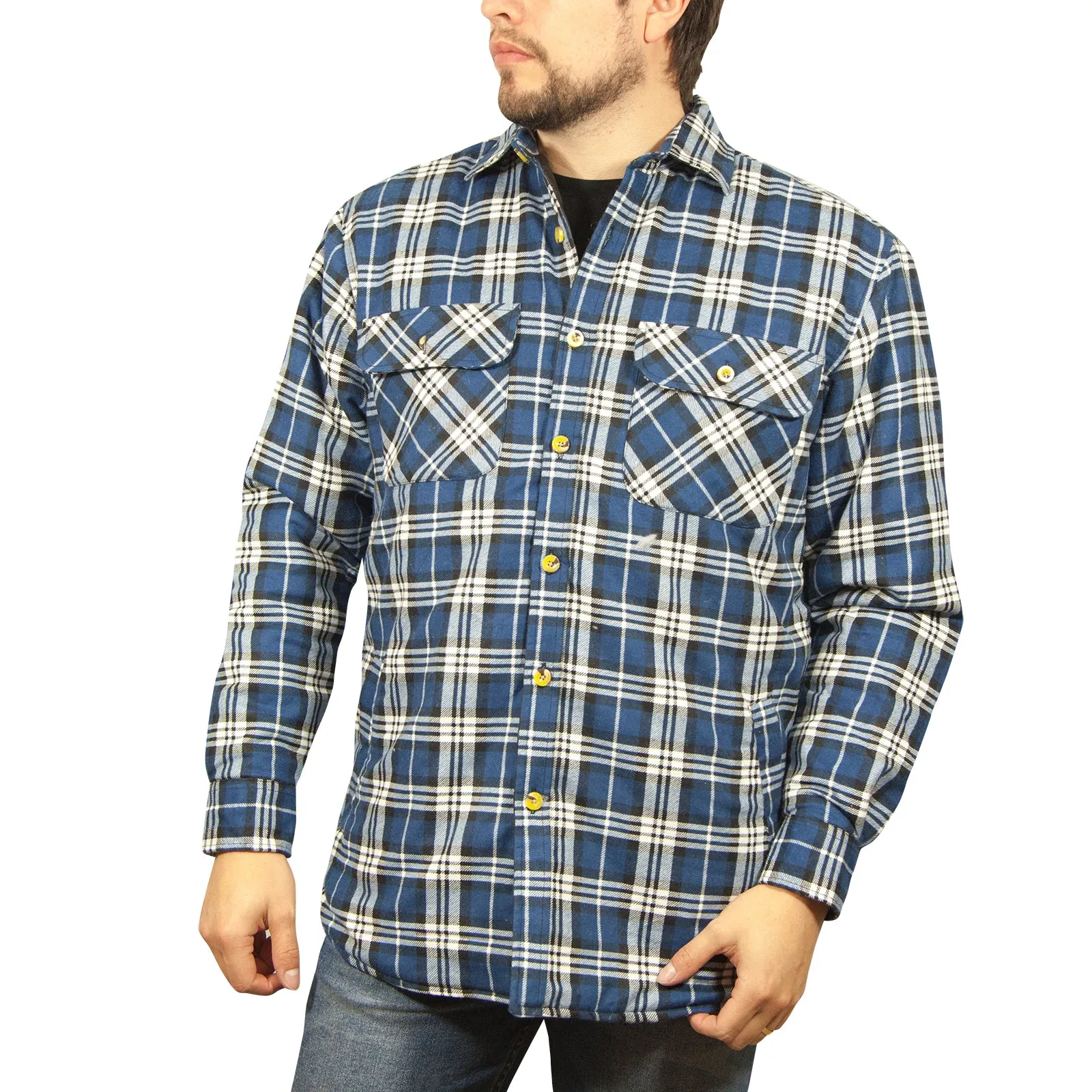 Mens Flannelette Long Sleeve Shirt 100% Cotton Check - Full Placket - Spanish Blue