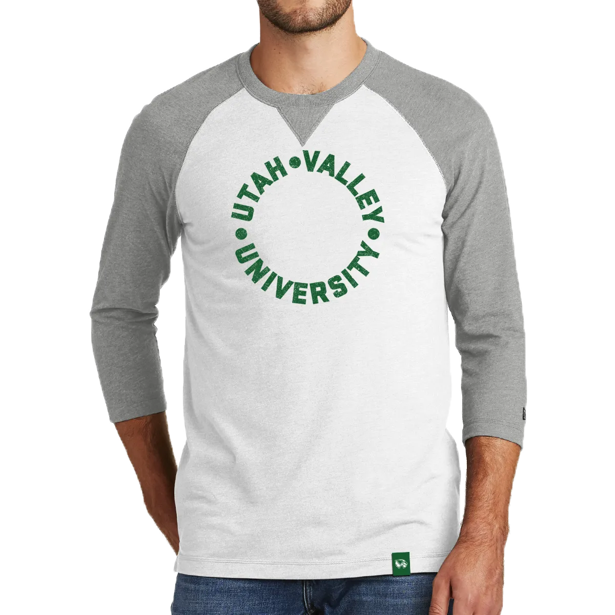 New Era Sueded Cotton Blend 3/4-Sleeve Raglan Tee- UVU Distressed