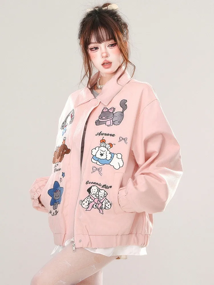Pink/Apricot Cute Animal Zip Placket Baseball Jacket