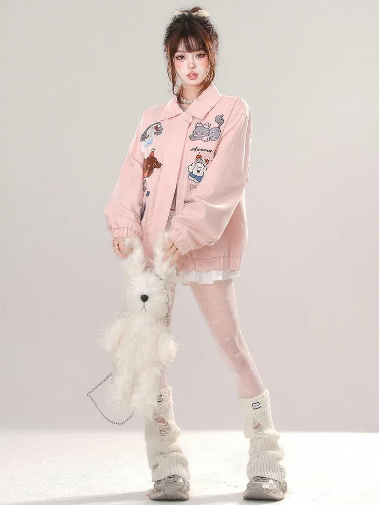 Pink/Apricot Cute Animal Zip Placket Baseball Jacket