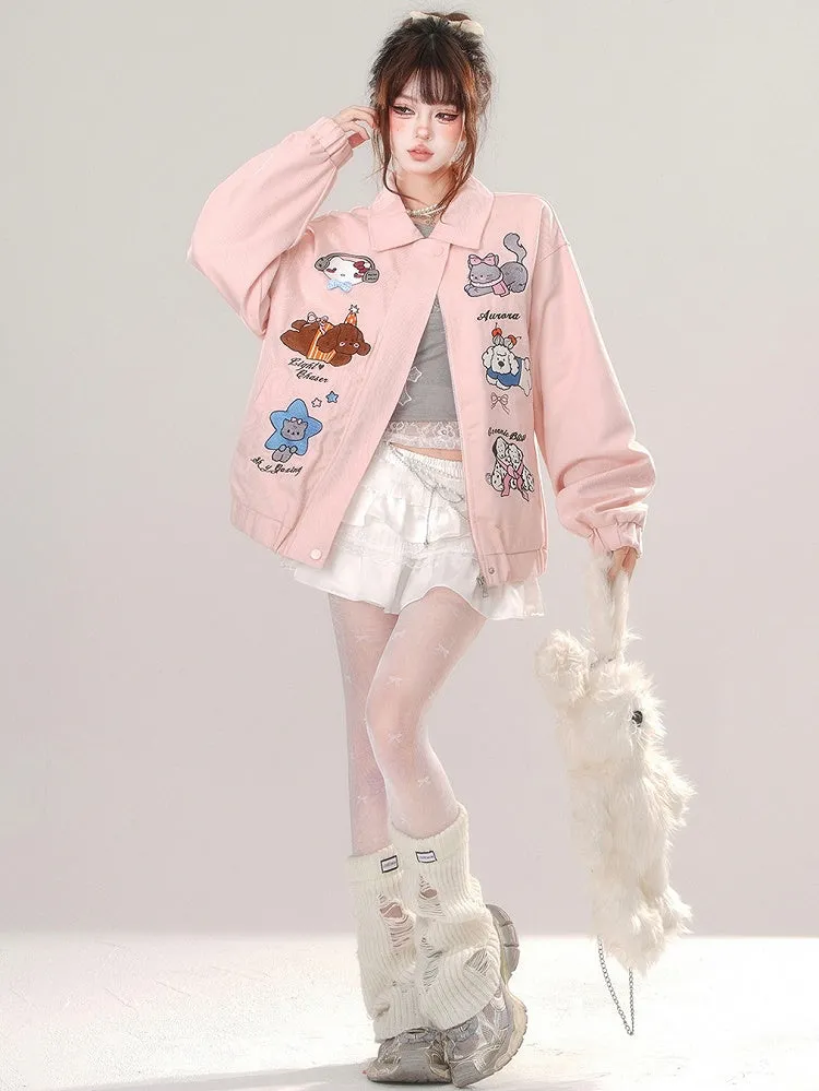Pink/Apricot Cute Animal Zip Placket Baseball Jacket