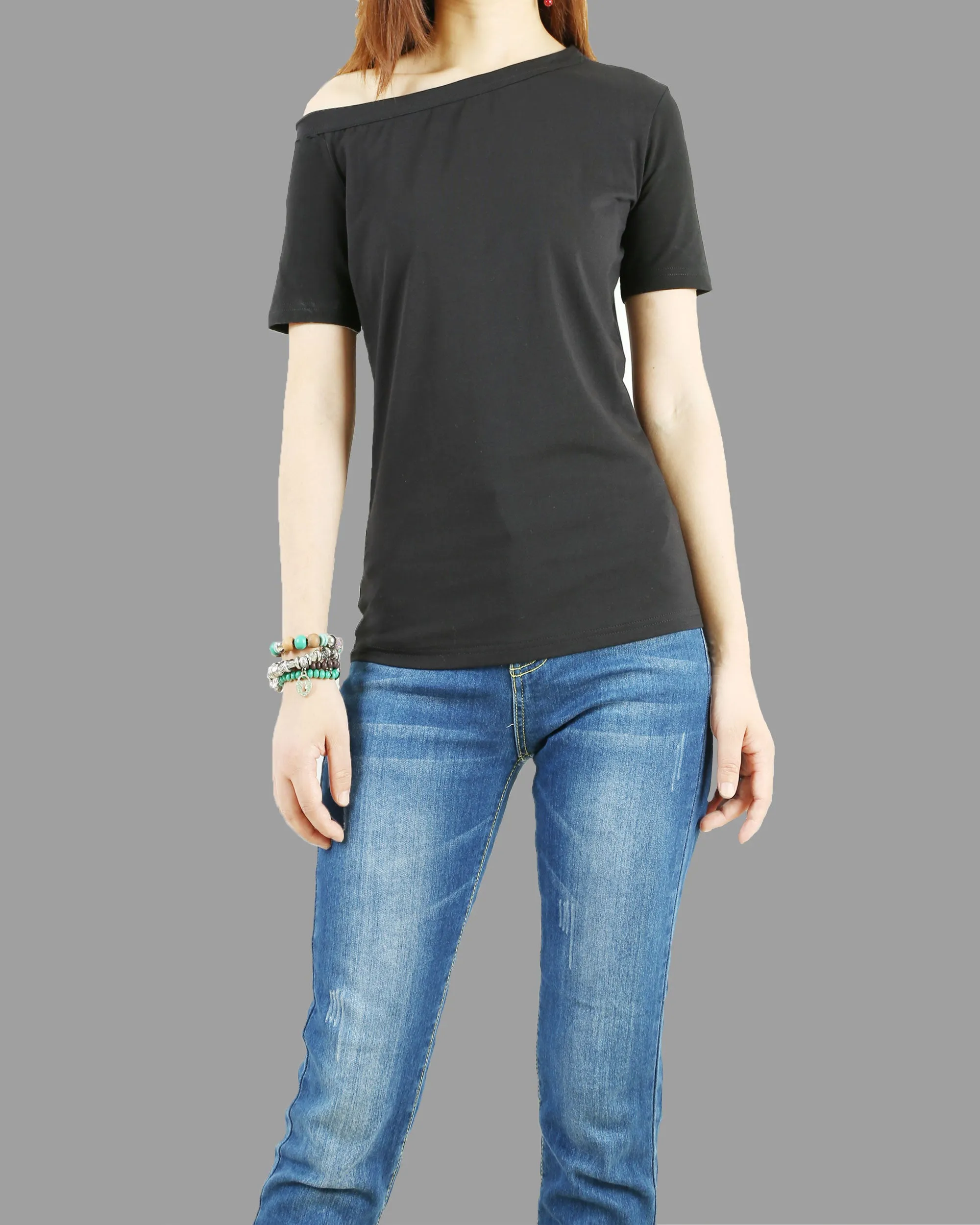 Short sleeve cotton top, off shoulder shirt, T-shirts for women, customized top, black white t-shirt, summer top(Y1009S)