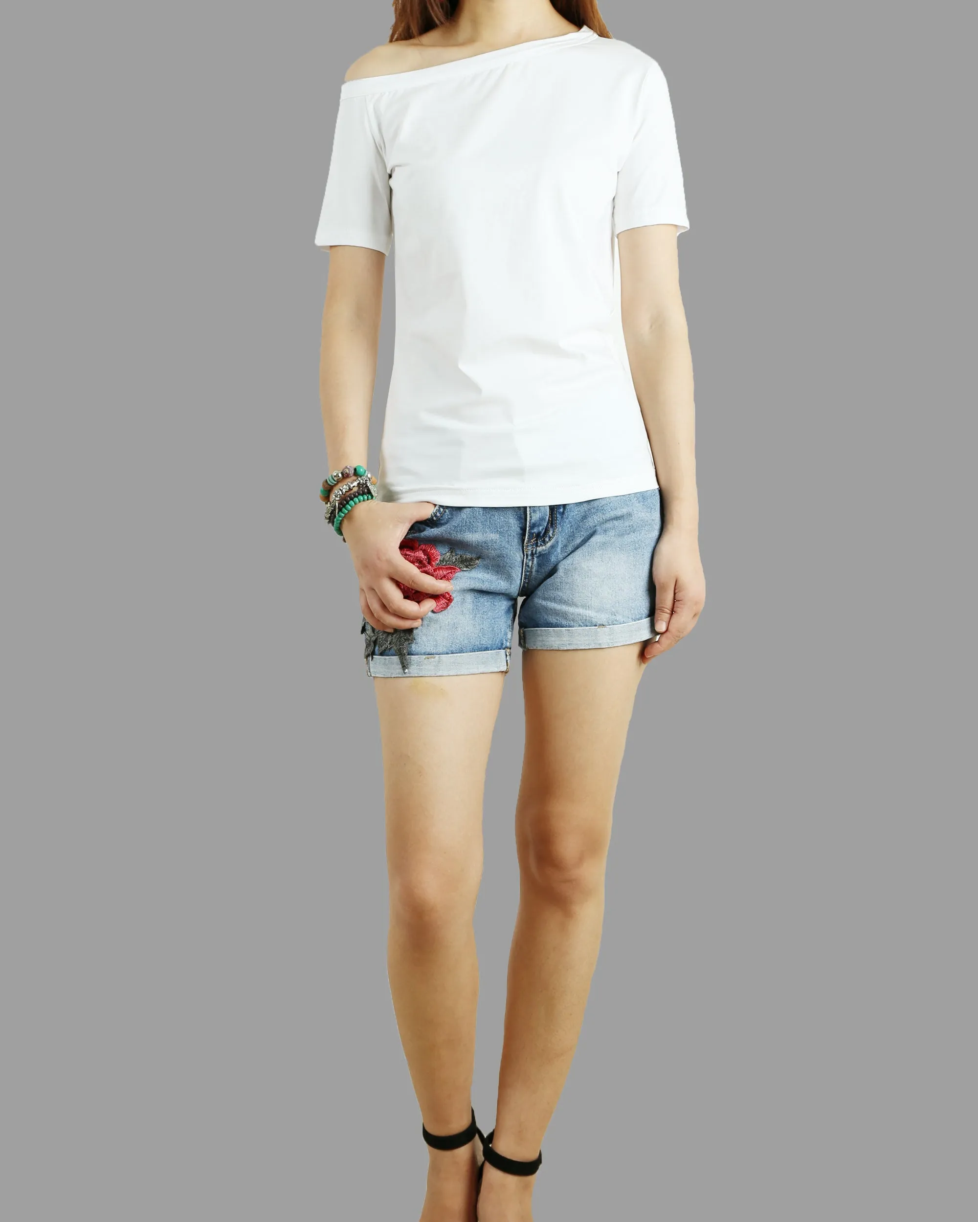 Short sleeve cotton top, off shoulder shirt, T-shirts for women, customized top, black white t-shirt, summer top(Y1009S)