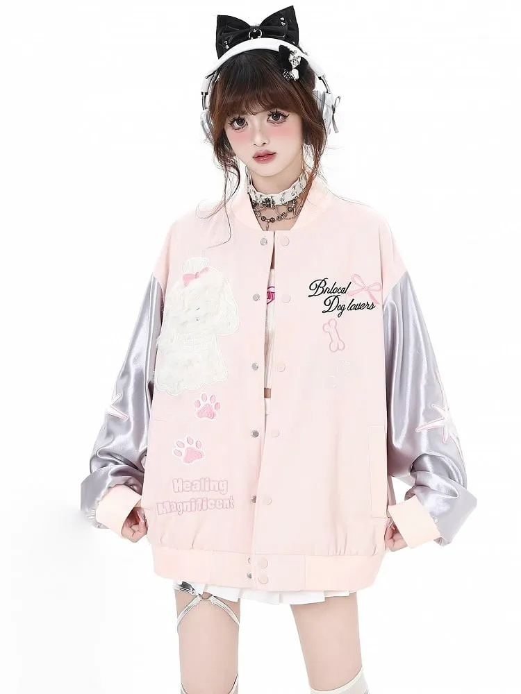 Silver and Pink Furry Puppy Applique Baseball Jacket