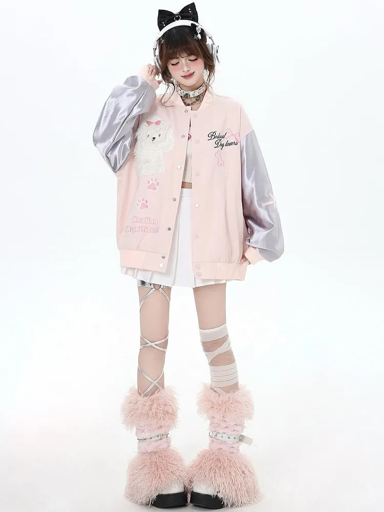 Silver and Pink Furry Puppy Applique Baseball Jacket