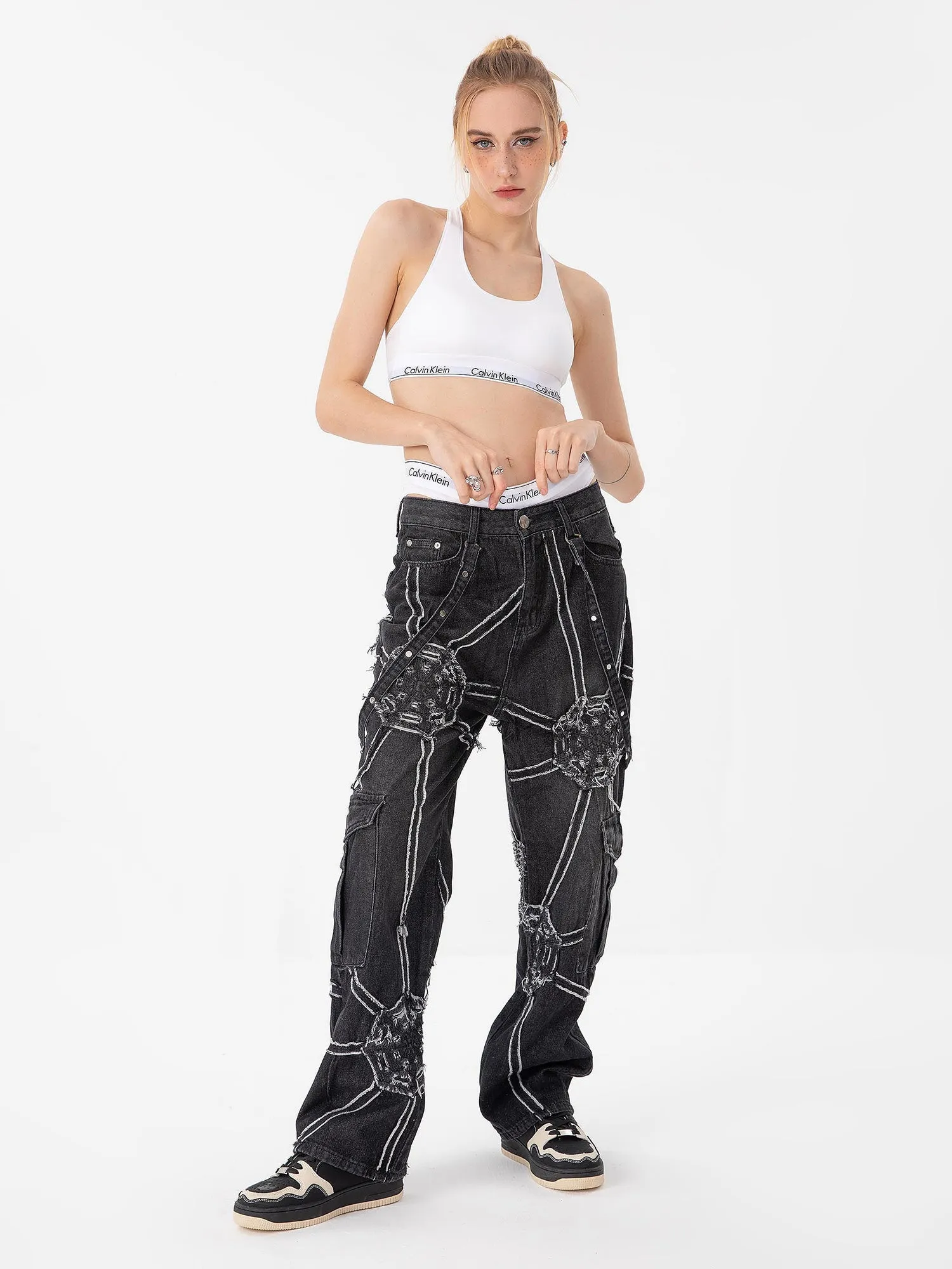 Sneakerhill High Street Hip-Hop Spider Web Denim Pants-1512