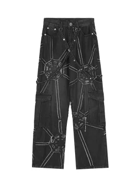 Sneakerhill High Street Hip-Hop Spider Web Denim Pants-1512