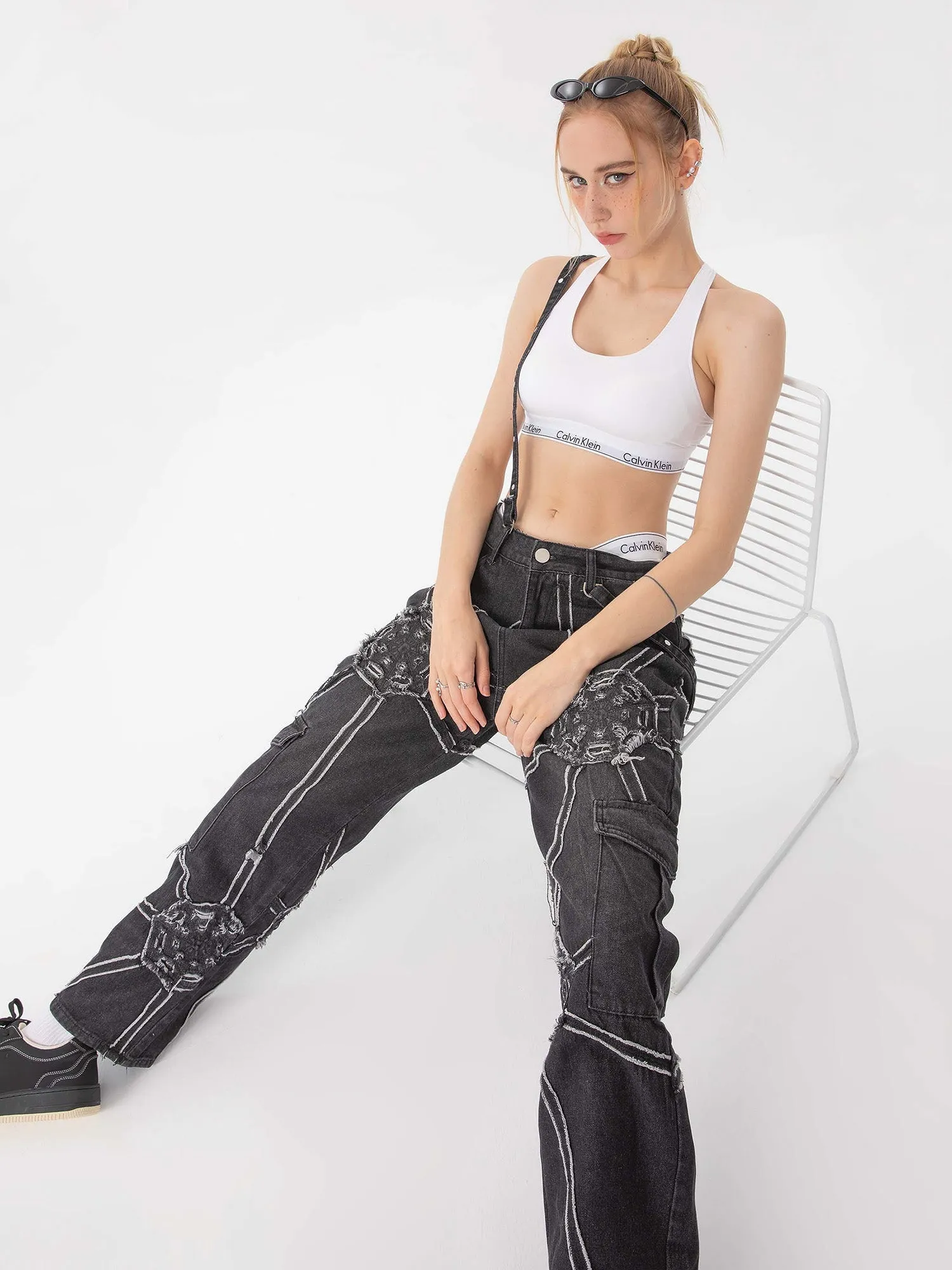 Sneakerhill High Street Hip-Hop Spider Web Denim Pants-1512