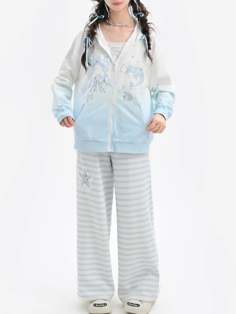 Starfish Embroidery Playful Blue and White Striped Casual Pants