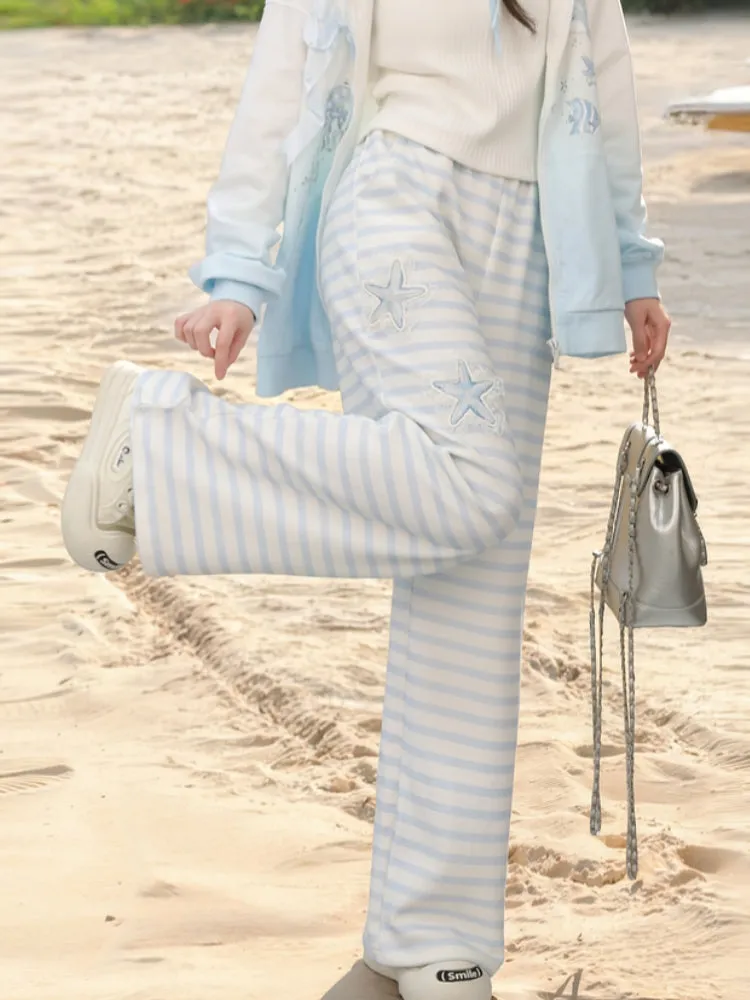 Starfish Embroidery Playful Blue and White Striped Casual Pants