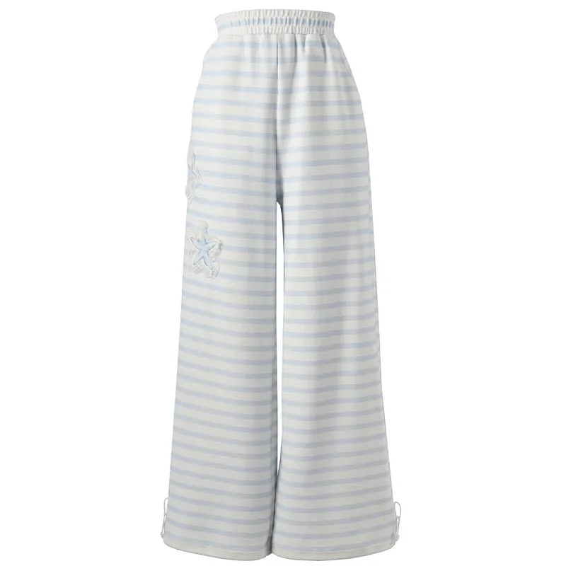 Starfish Embroidery Playful Blue and White Striped Casual Pants