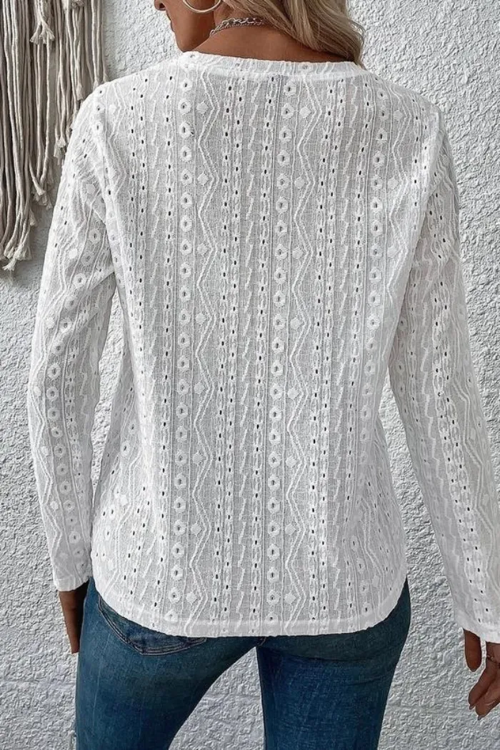 Women Long Sleeve Eyelet Punching Casual T-Shirt