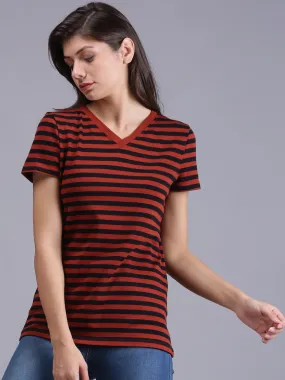 Women Red Striped Half Sleeve  V-Neck T-shirt