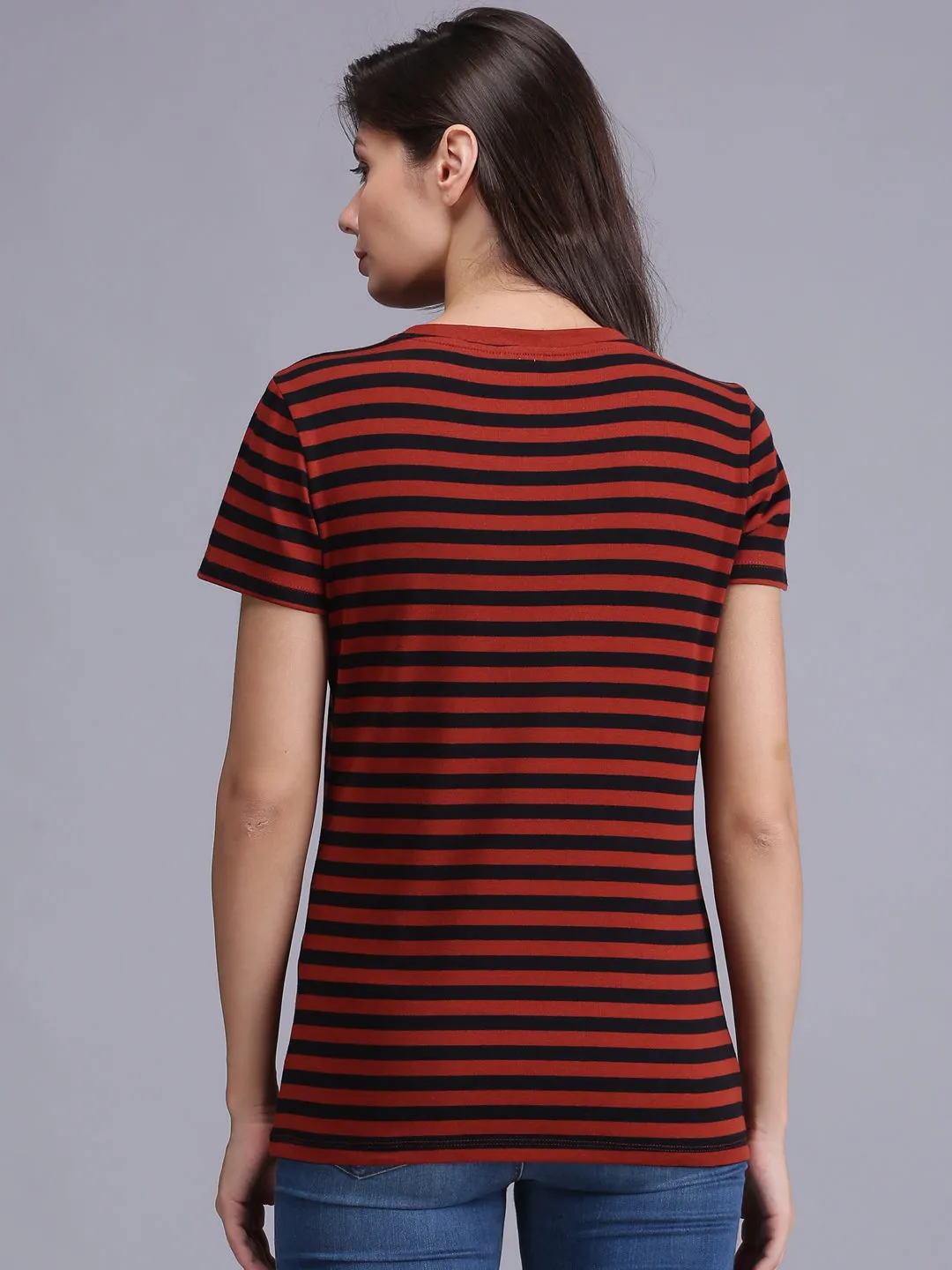 Women Red Striped Half Sleeve  V-Neck T-shirt