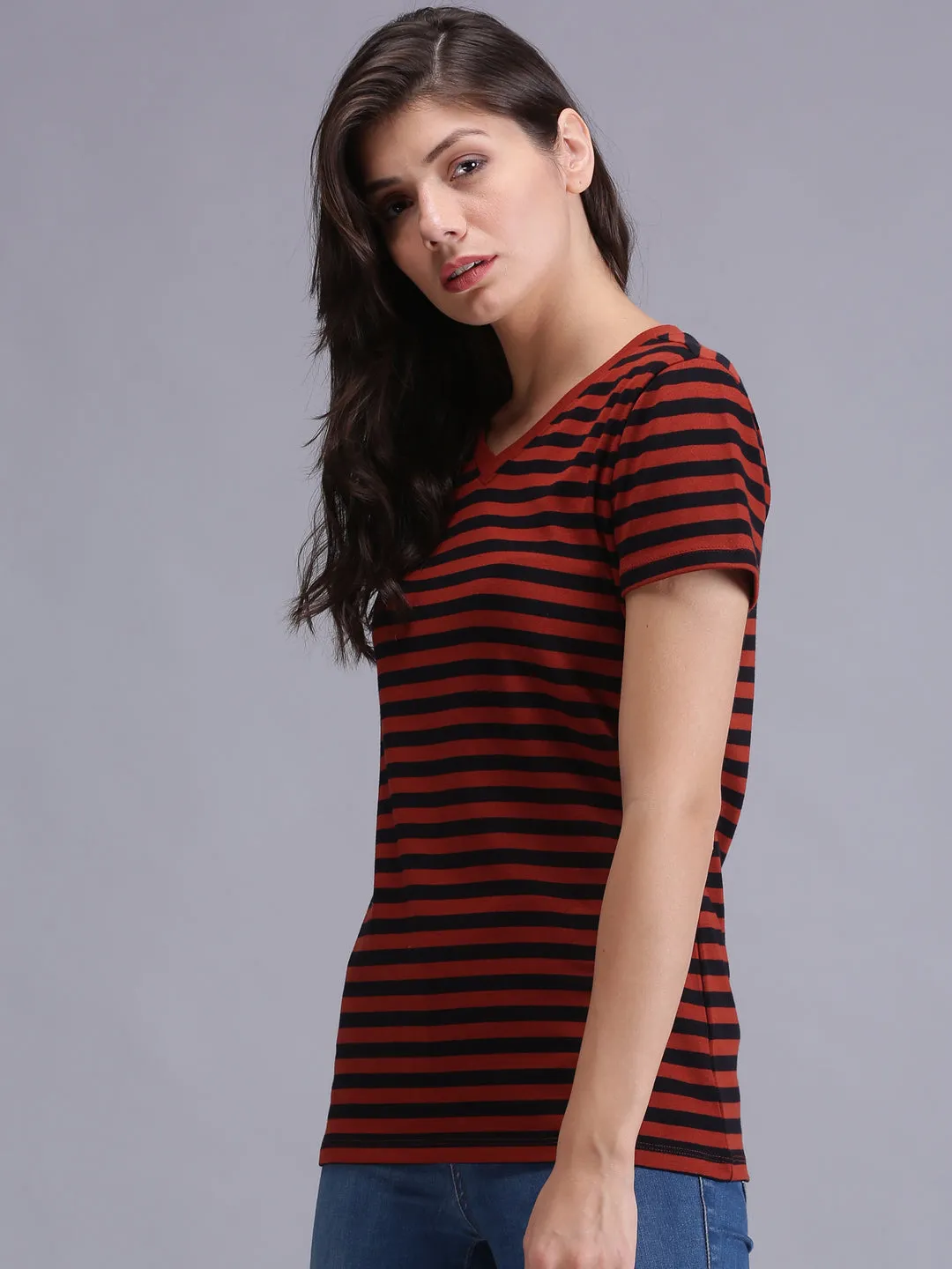 Women Red Striped Half Sleeve  V-Neck T-shirt