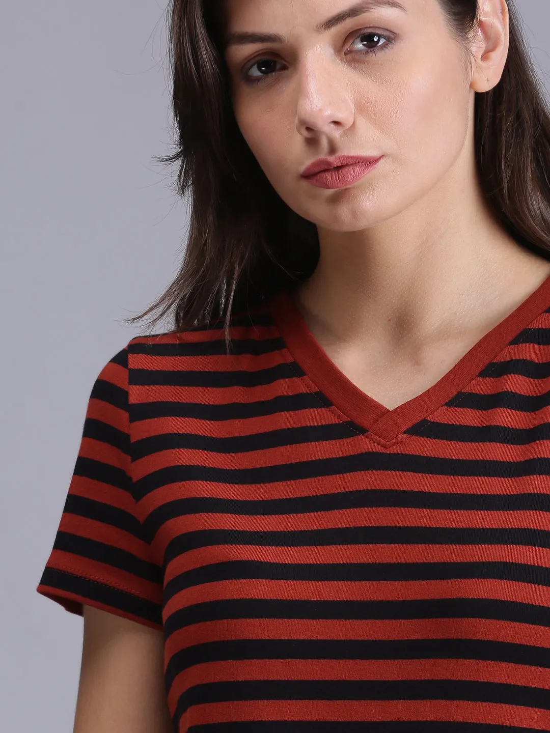 Women Red Striped Half Sleeve  V-Neck T-shirt